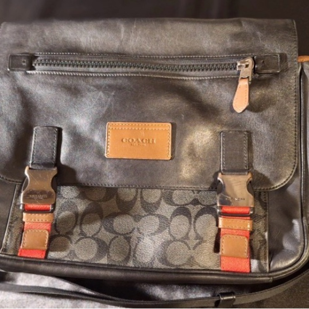 COACH Black and Brown Signature Messenger Bag with Red Accents